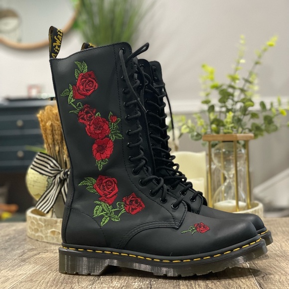 Dr. Martens Shoes - Dr Martens 1914 Vonda Black Floral Softy T Tall Combat Boots 12761001